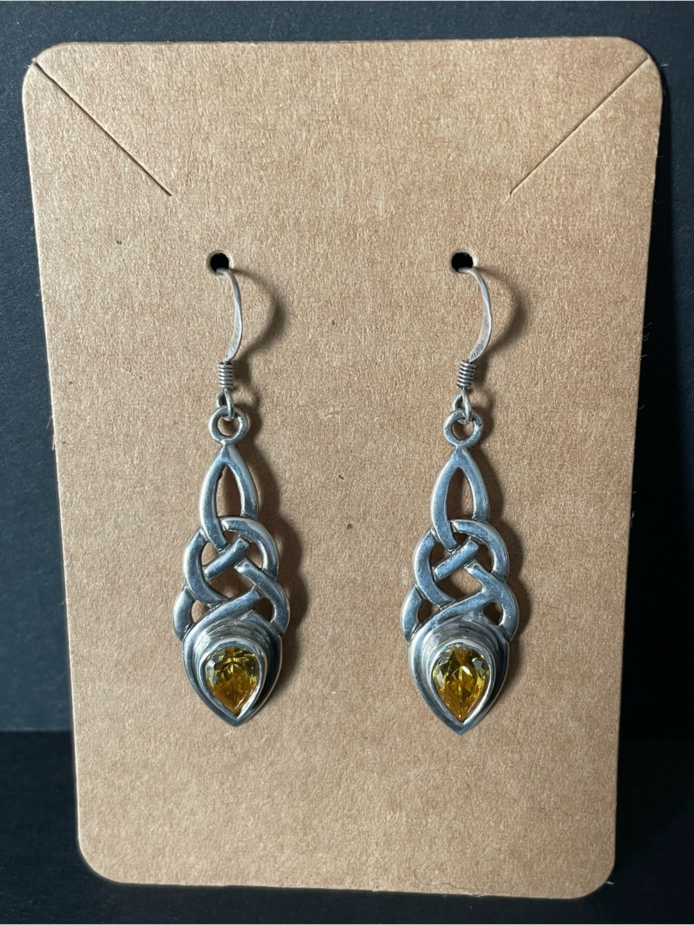 Sterling Silver Celtic Knot Earrings with Yellow Gemstone Teardrops